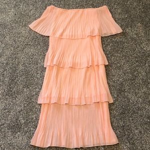 Medium. Blush Pink off the shoulder 3-tiered dress.